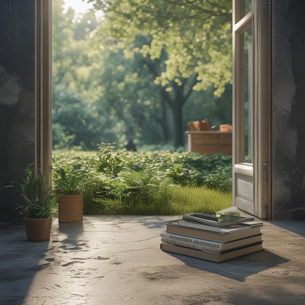 Otwarta książka o fizjologii ruchu leżąca na drewnianym biurku przy oknie z widokiem na spokojny ogród z zielenią, ciepłe naturalne światło