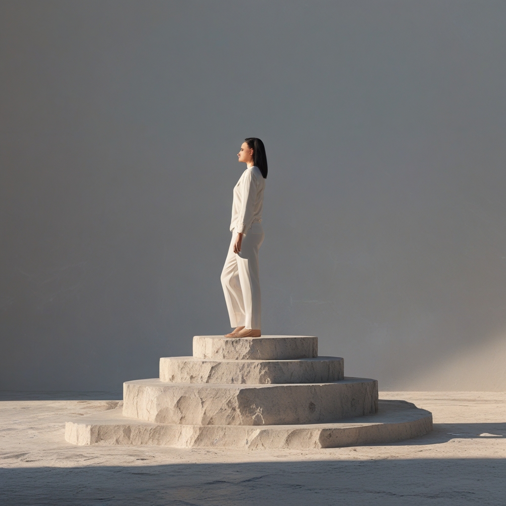 Osoba stojąca na jednej nodze w pozycji równowagi na macie do ćwiczeń, sylwetka oświetlona od tyłu miękkim naturalnym światłem tworzącym kontur ciała na tle jasnej ściany