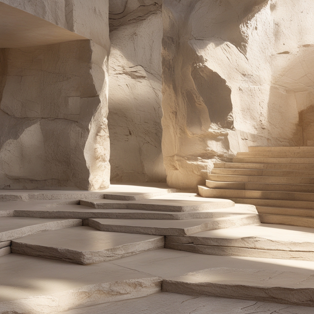 Szereg mat do jogi ułożonych równolegle na drewnianej podłodze pustego studia, ciepłe popołudniowe światło wpada przez żaluzje tworząc geometryczne pasy cienia i światła