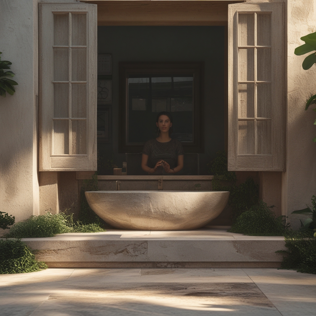 Osoba w spokojnej, kontrolowanej pozie podczas ćwiczeń rozciągających na macie w jasnym, minimalistycznym studiu z naturalnym światłem wpadającym przez duże okna