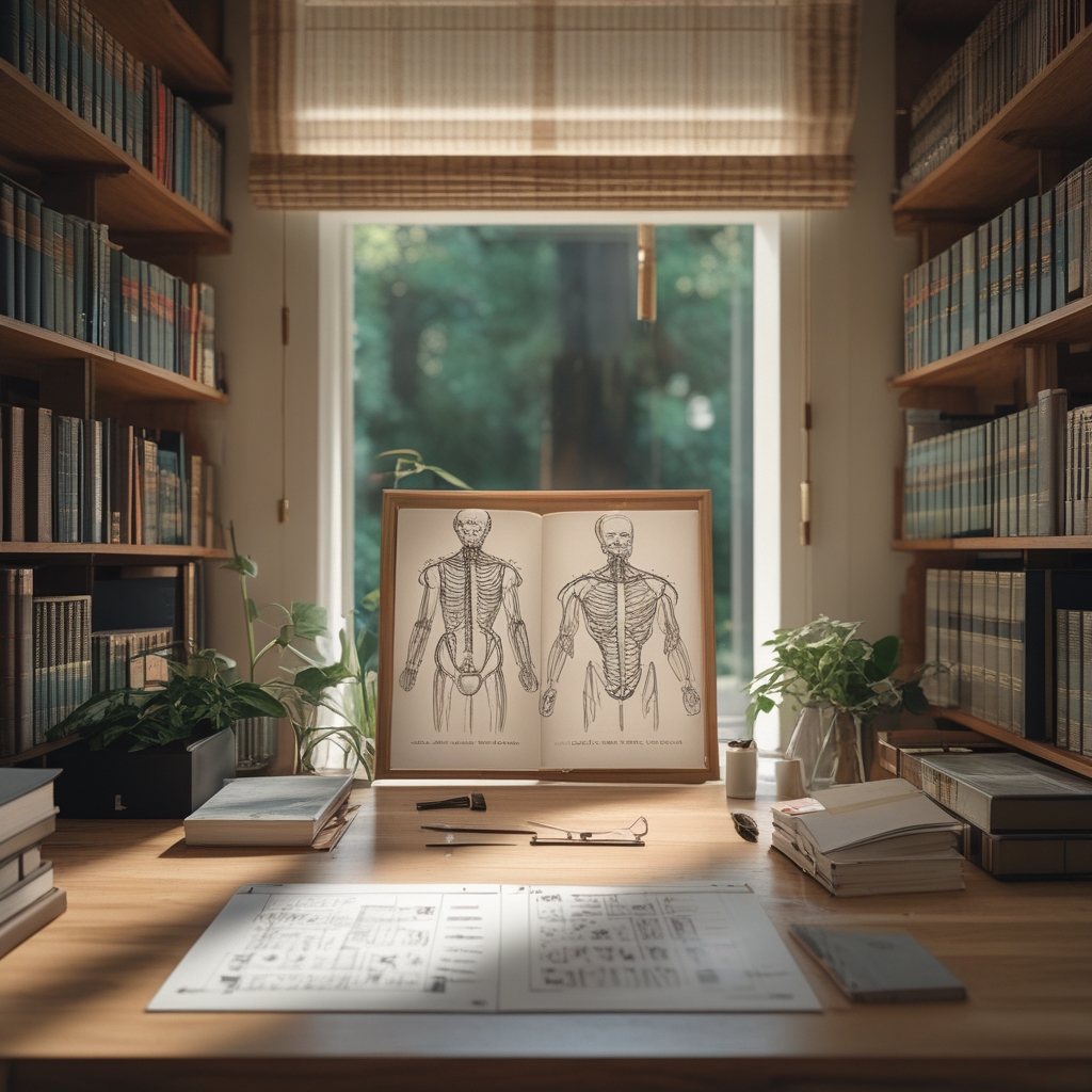 Otwarte książki naukowe i notatki na drewnianym biurku w spokojnej bibliotece z naturalnym światłem przez okno, ołówek leżący na zapisanej stronie z diagramami anatomicznymi