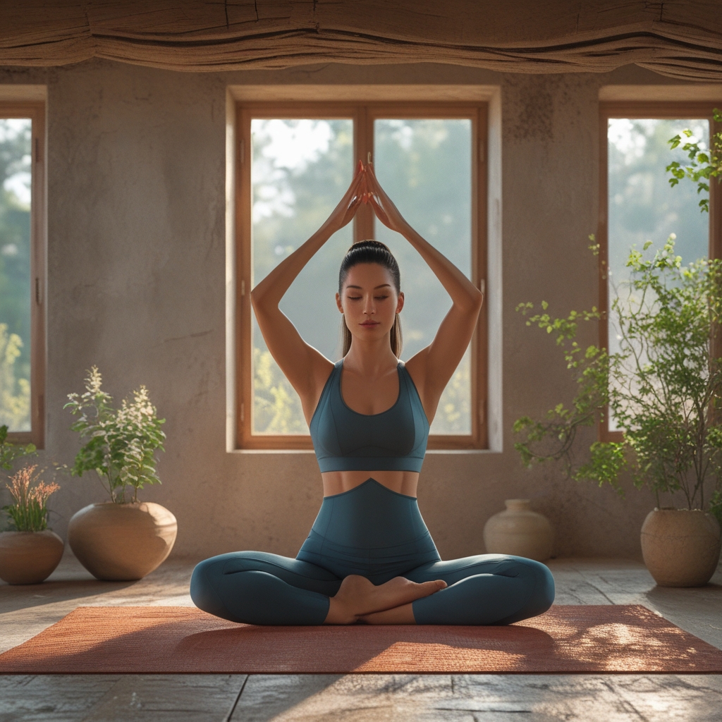 Osoba w pozycji jogi na macie w cichym, jasnym studiu z drewnianą podłogą i roślinami, delikatne naturalne światło wpadające przez okno